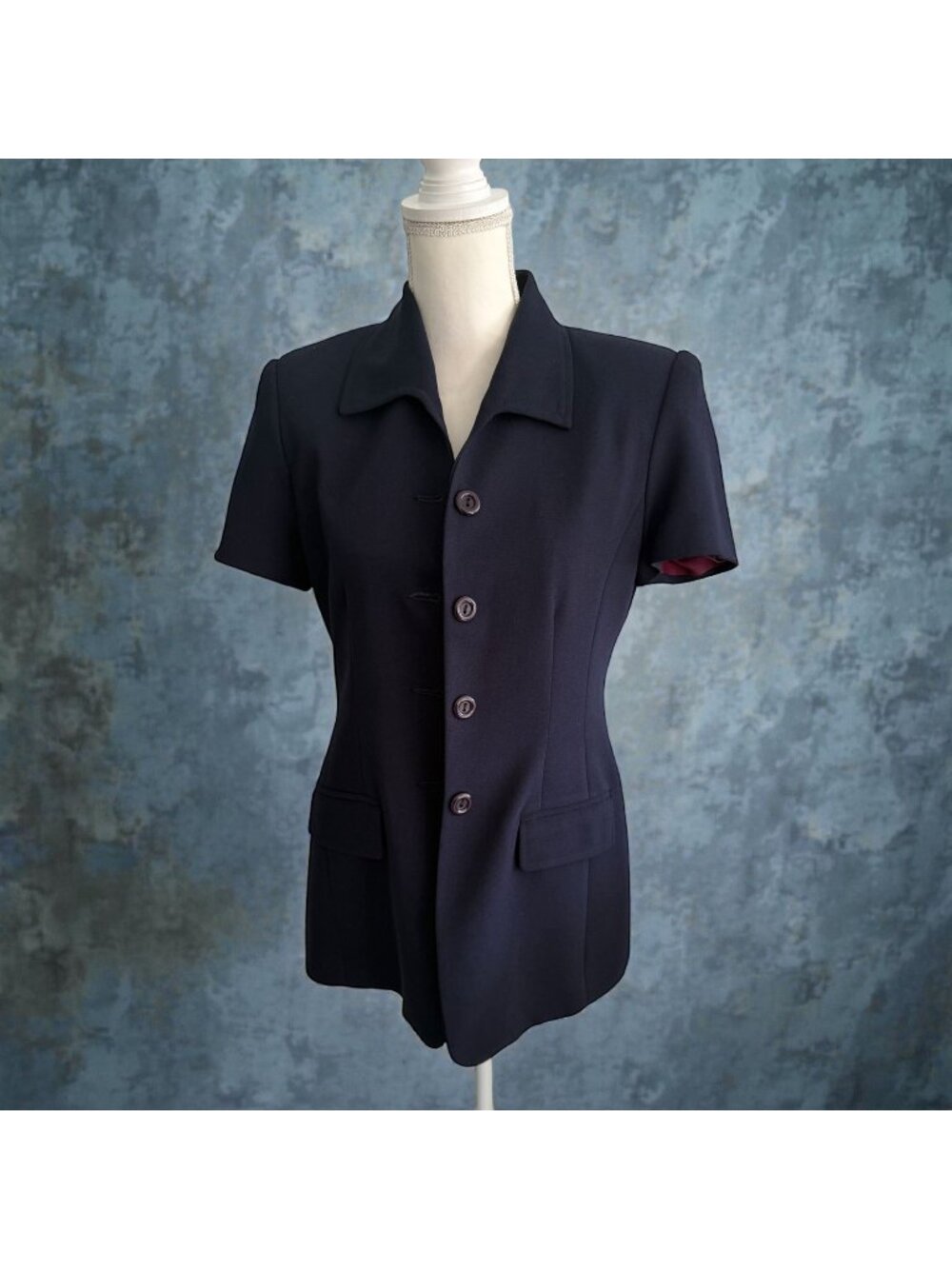 CASUAL CORNER Navy Blue Long Length Short Sleeve Blazer Jacket Size 6